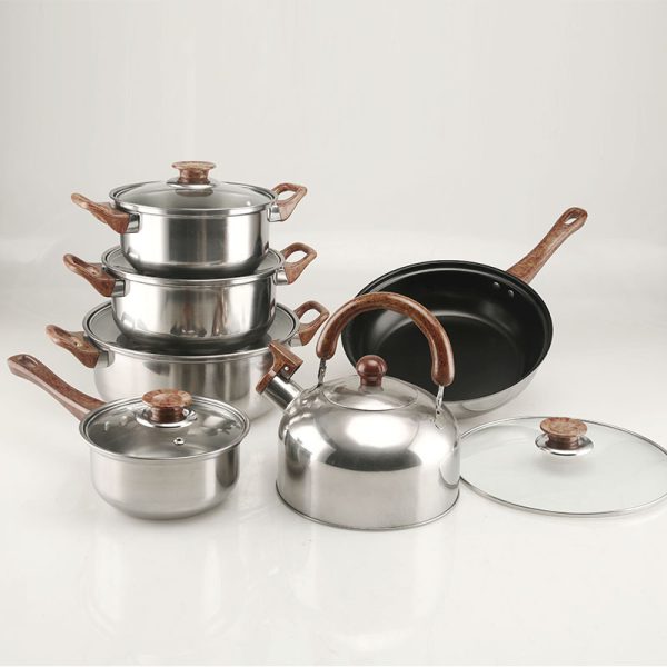 HDMY12P02 Stainless Steel Pots Set Factory Supplying 12 pcs Cookingware with 3L Kettle Wooden Style Handle - Image 2