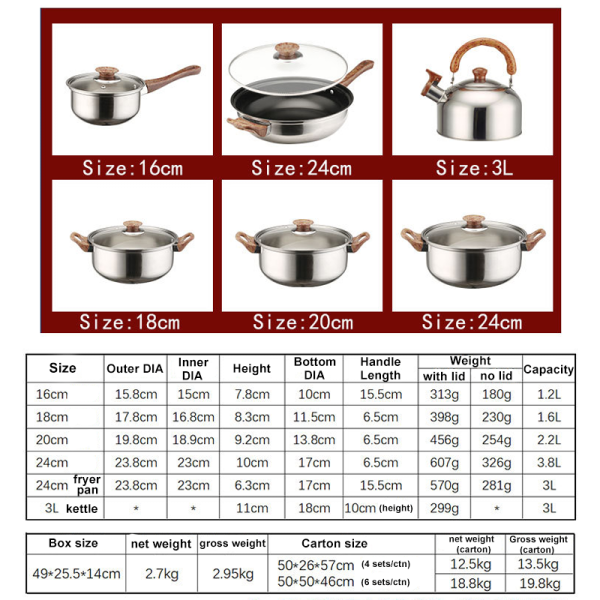 HDMY12P02 Stainless Steel Pots Set Factory Supplying 12 pcs Cookingware with 3L Kettle Wooden Style Handle - Image 7
