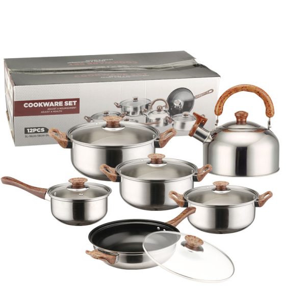 HDMY12P02 Stainless Steel Pots Set Factory Supplying 12 pcs Cookingware with 3L Kettle Wooden Style Handle - Image 6